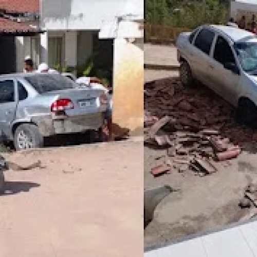 Carro desgovernado invade muro de residência em Conceição do Coité; motorista não é encontrado