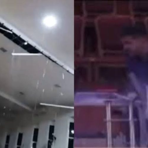 Teto de igreja cai com tempestade e quase acerta pastor